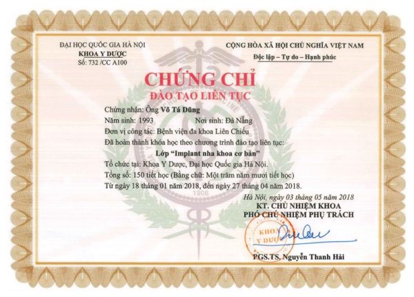 Chứng chỉ Đào tạo liên tục - BS Võ Tá Dũng