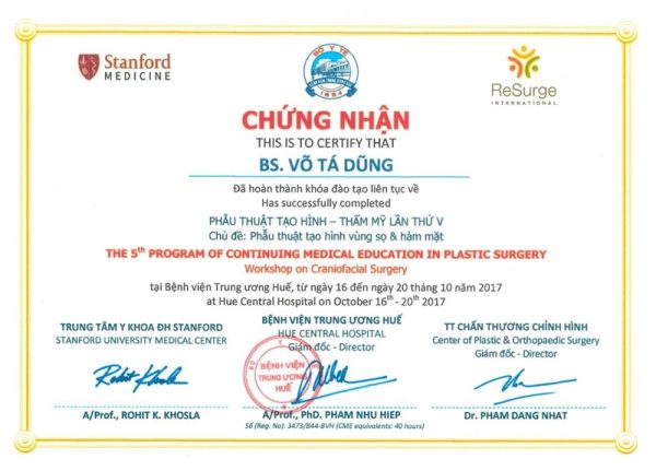 Chứng nhận Tạo hình thẩm mỹ lần V - BS Võ Tá Dũng