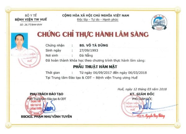 Chứng chỉ thực hành lâm sàng - BS Võ Tá Dũng