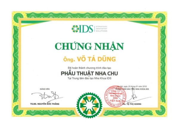 Chứng chỉ Phẫu thuật nha chu - BS Võ Tá Dũng