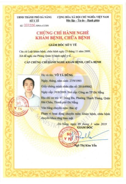 Chứng chỉ hành nghề khám chữa bệnh BS Võ Tá Dũng - 007936/ĐNA-CCHN