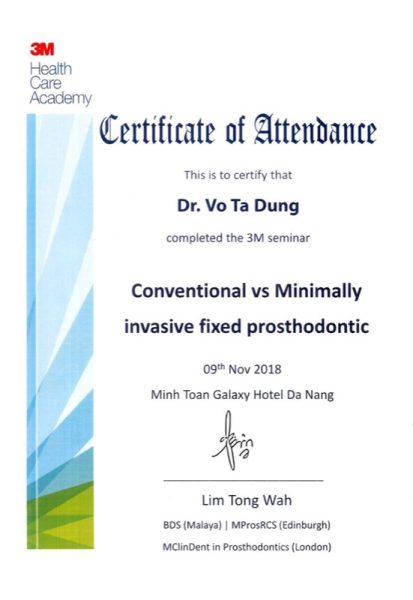 Certificate Conventional vs Minimally Invasive Fixed Prosthodontic - BS Võ Tá Dũng
