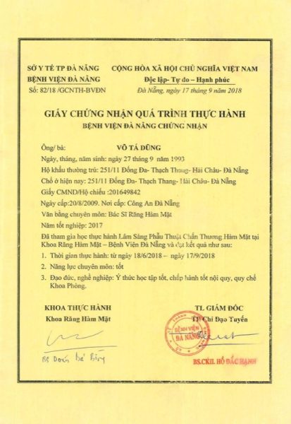Chứng nhận thực hành Bệnh viện Đà Nẵng - BS Võ Tá Dũng