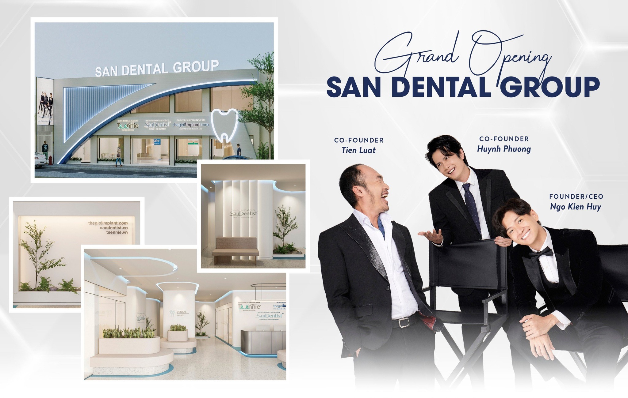 Ba đồng sáng lập Nha Khoa San Dentist: ca sĩ Ngô Kiến Huy, diễn viên Huỳnh Phương và diễn viên Tiến Luật