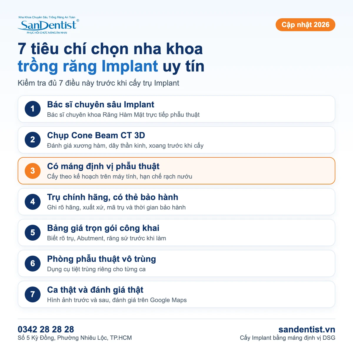 7 tiêu chí chọn nha khoa trồng răng Implant uy tín 2026: bác sĩ chuyên sâu, Cone Beam CT 3D, máng định vị, trụ chính hãng, bảng giá công khai, vô trùng, ca thật
