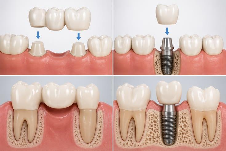 implant vs cầu răng sứ